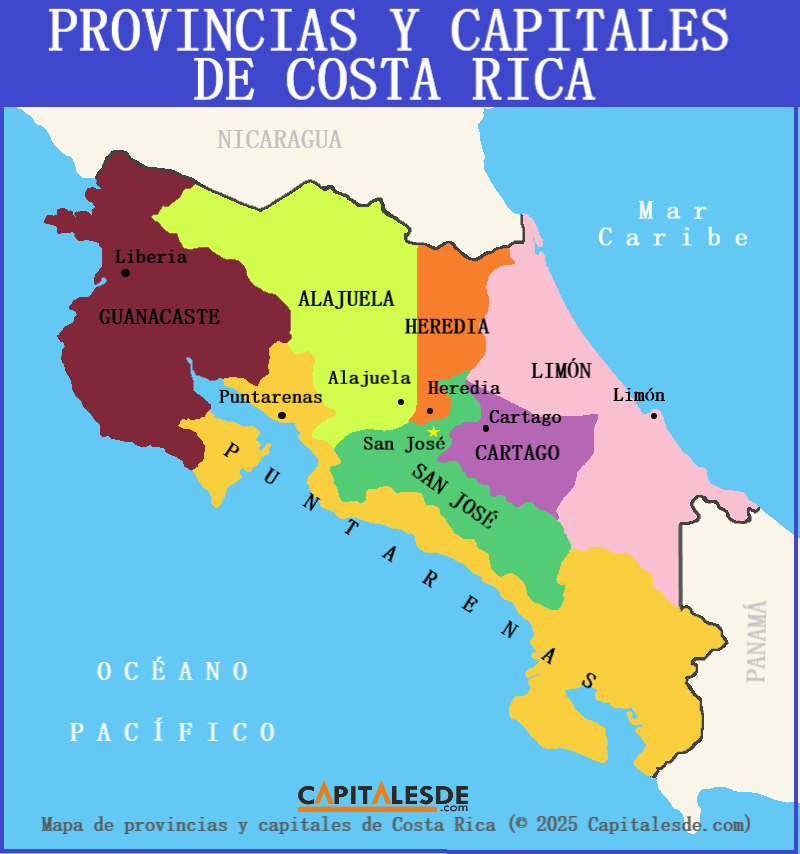 Mapa de Costa Rica con provincias y capitales (© 2025 Capitalesde.com)